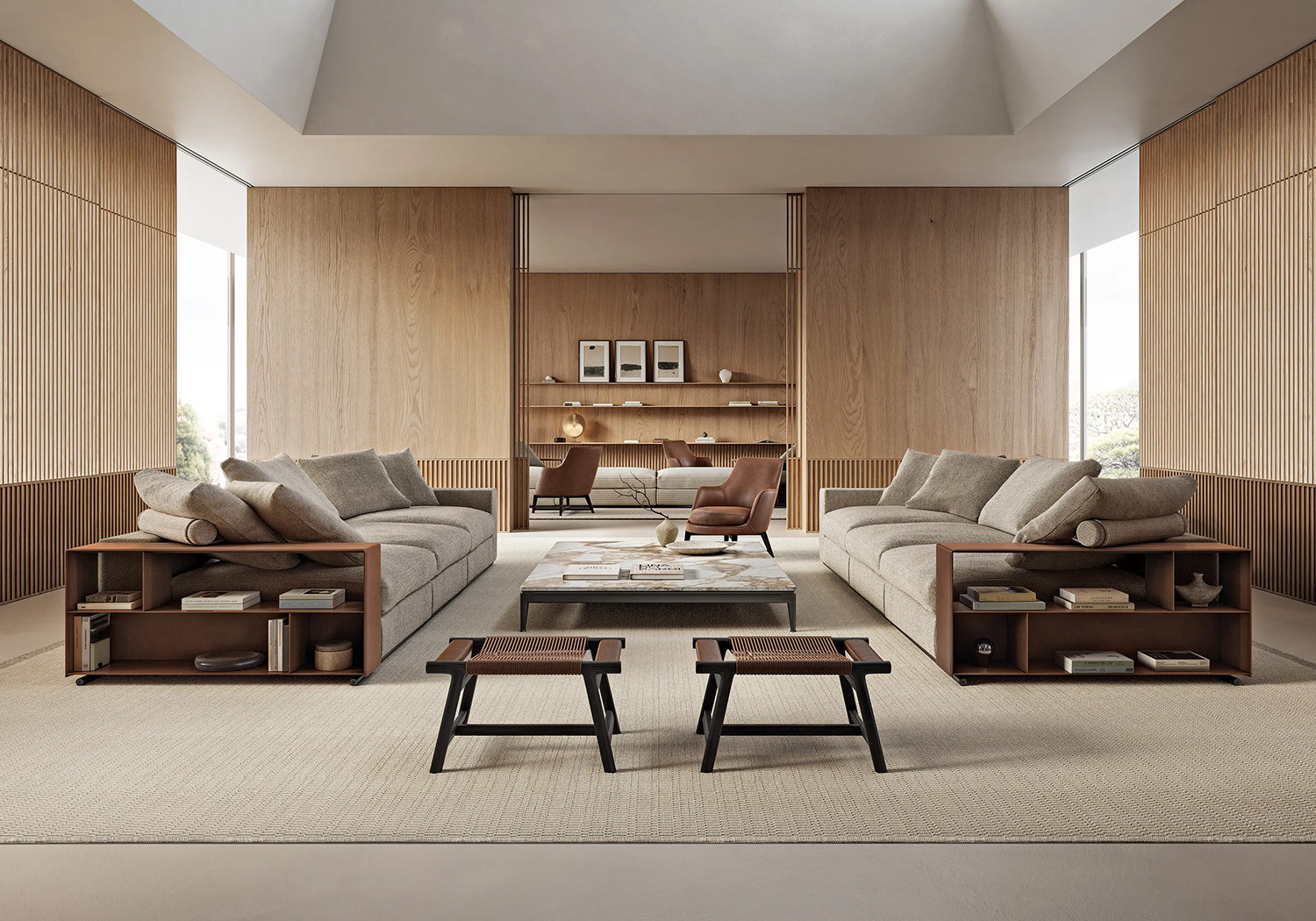 A wide angle photo of a lounge setting with Flexform Italian Furniture